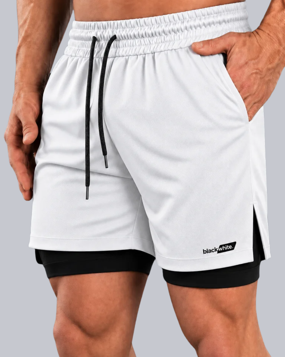 Shorts 2 em 1 Dry Fit Black White Sports