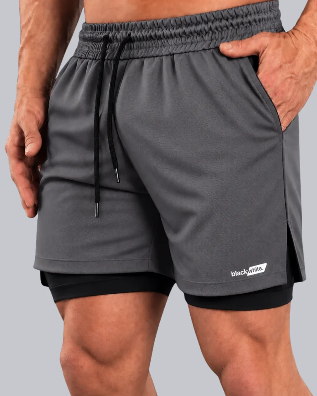 Shorts 2 em 1 Dry Fit Black White Sports