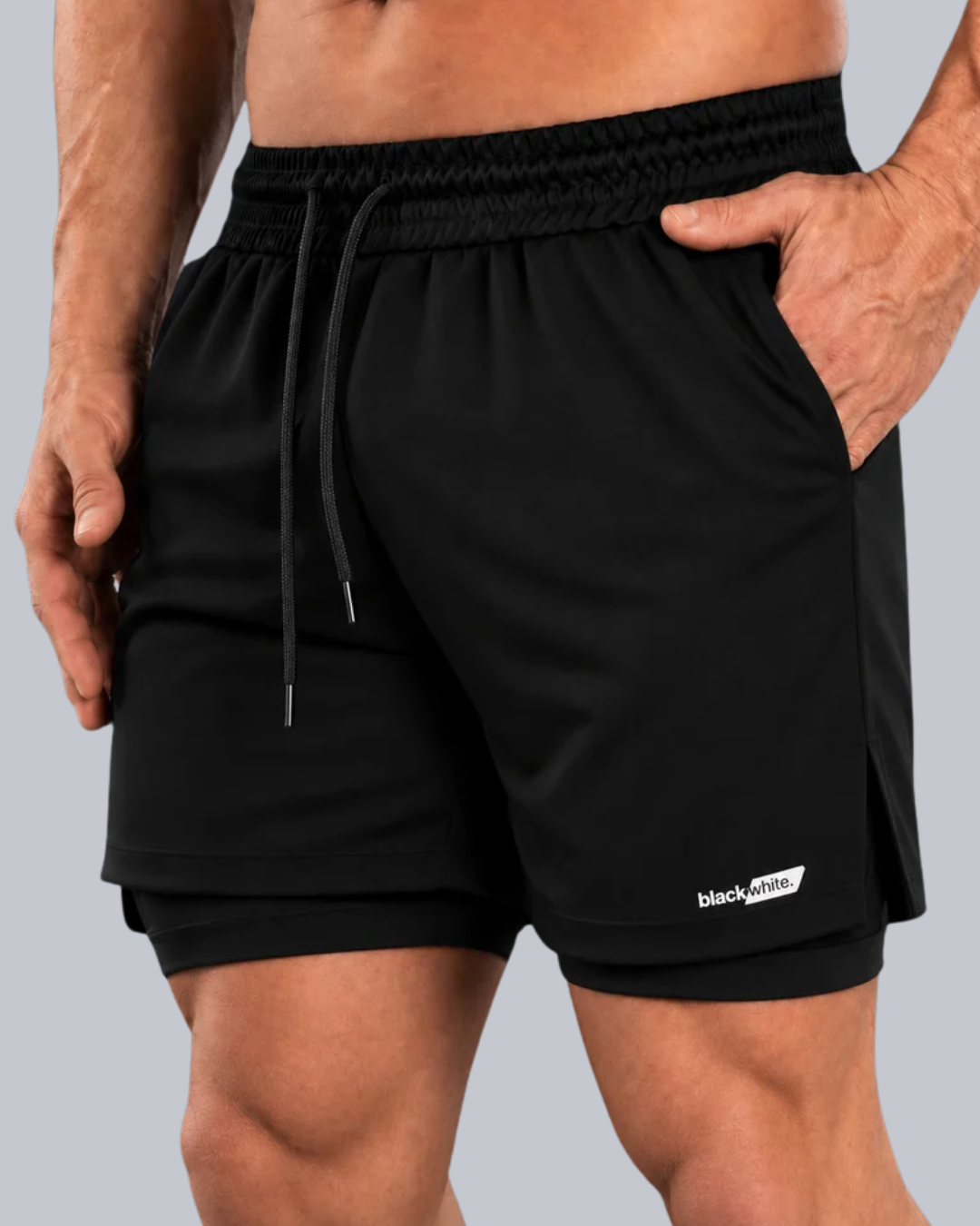 Shorts 2 em 1 Dry Fit Black White Sports
