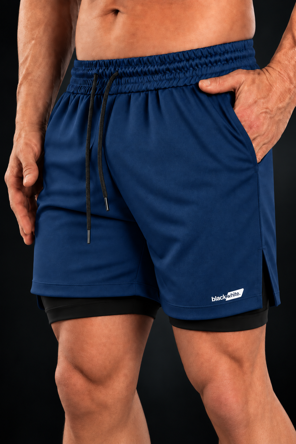Shorts 2 em 1 Dry Fit Black White Sports